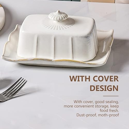 Miniatura 6 de Mantequillera de cerámica blanca con tapa, 7.59 x 5.59 x 3.54 pulgadas, plato de mantequilla cubierto para almacenar, queso, aperitivos, ideal para