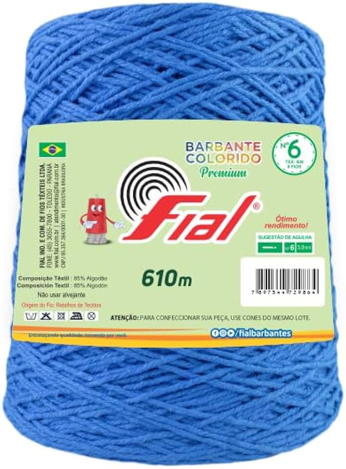 Barbante Fial N°6 Colorido 600g para Crochê e Tricô Macio (Azul Royal - 59)