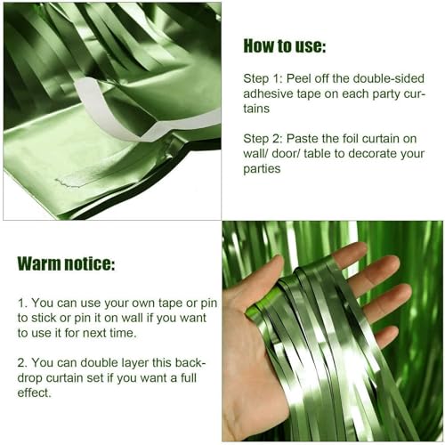Image of 4 Pack Light Green Foil Fringe Curtain Backdrop, 3.28Ft x 8.2Ft Metallic Tinsel Foil Fringe Streamer Curtains for Photo Booth Props, Birthday, Wedding, Christmas Decorations Party Supplies New