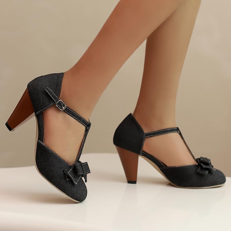 Image of Elbslutt Women's Cute Retro Rockabilly Shoes T Strap Mary Janes Heels Chunky Cosplay Shoes Sweet Block Heeled Bow Pumps