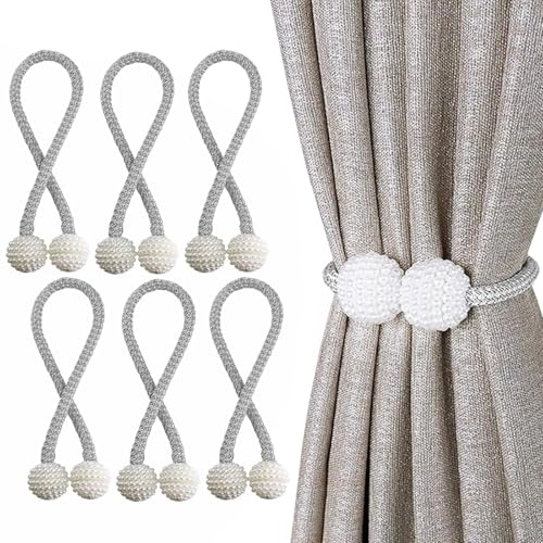 Image of TIED RIBBONS Set of 6 Handmade Magnetic Curtain Tiebacks Magnetic (Grey, 17 Inch) - Curtain Tie Backs Rope Outdoor Treatment Holdbacks Curtain Holders for Drapes Window Sheer Drapes Outdoor Indoor