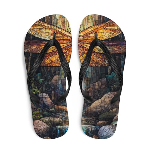 Dragonfly Stained Glass Art Flip-Flops, Colorful Insect Print Sandals, Summer Beach Shoes, Comfy Casual Footwear