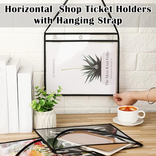 Saypacck 15 Pcs 9 x 12 Inch Horizontal Job Ticket Holders Shop Ticket Holders with Hanging Strap Dry Erase Pocket Sleeves Clear Sheet Protectors with Black Edge Trim for Work Order Documents Office