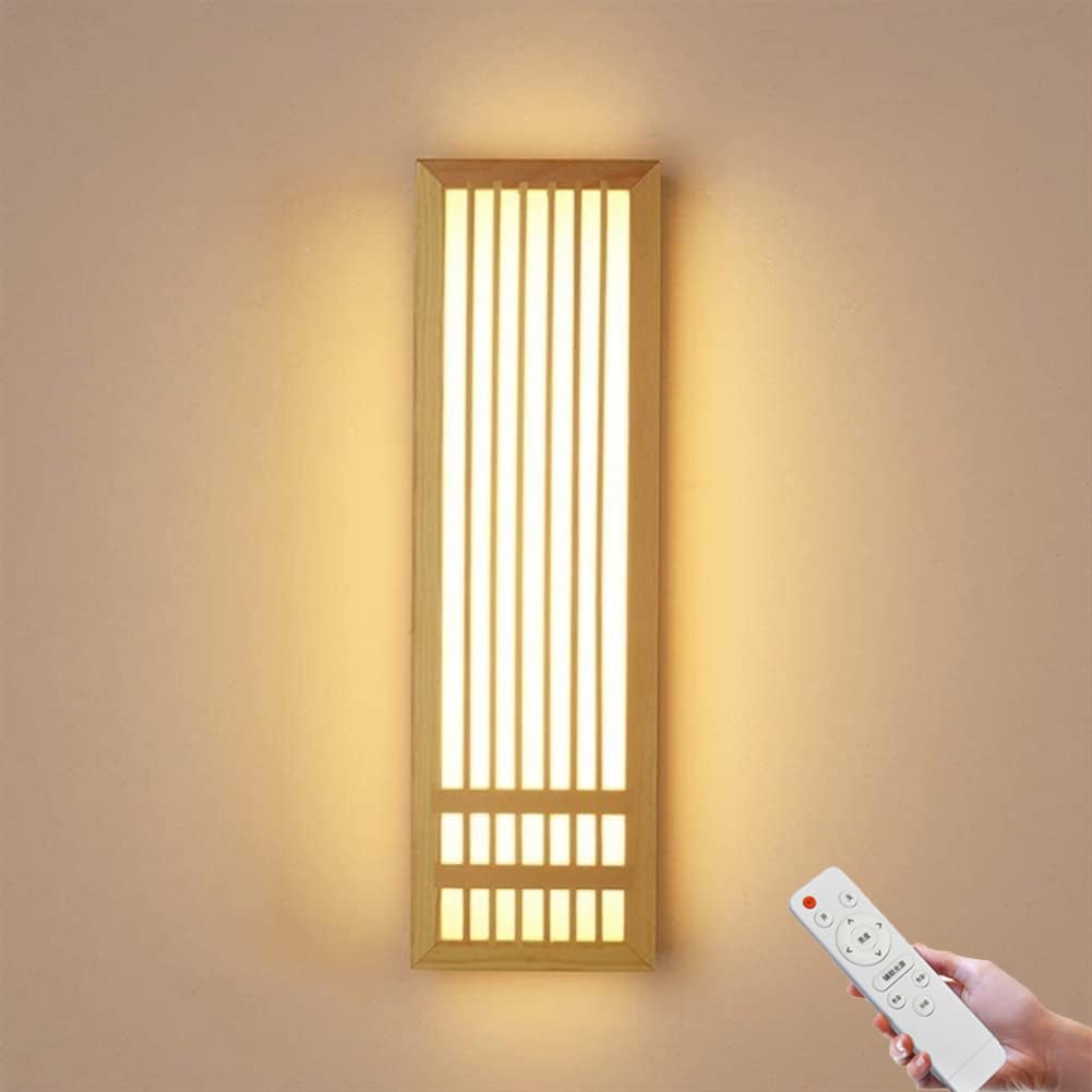 LOGT Dimmable LED Wall Light with Remote Control, Wooden Wall Lamp, Japanese Style, Indoor Wall Lighting, 3 Brightness Levels, Modern Acrylic Decorative Bedside Lamp for Hallways, Balconies,50CM