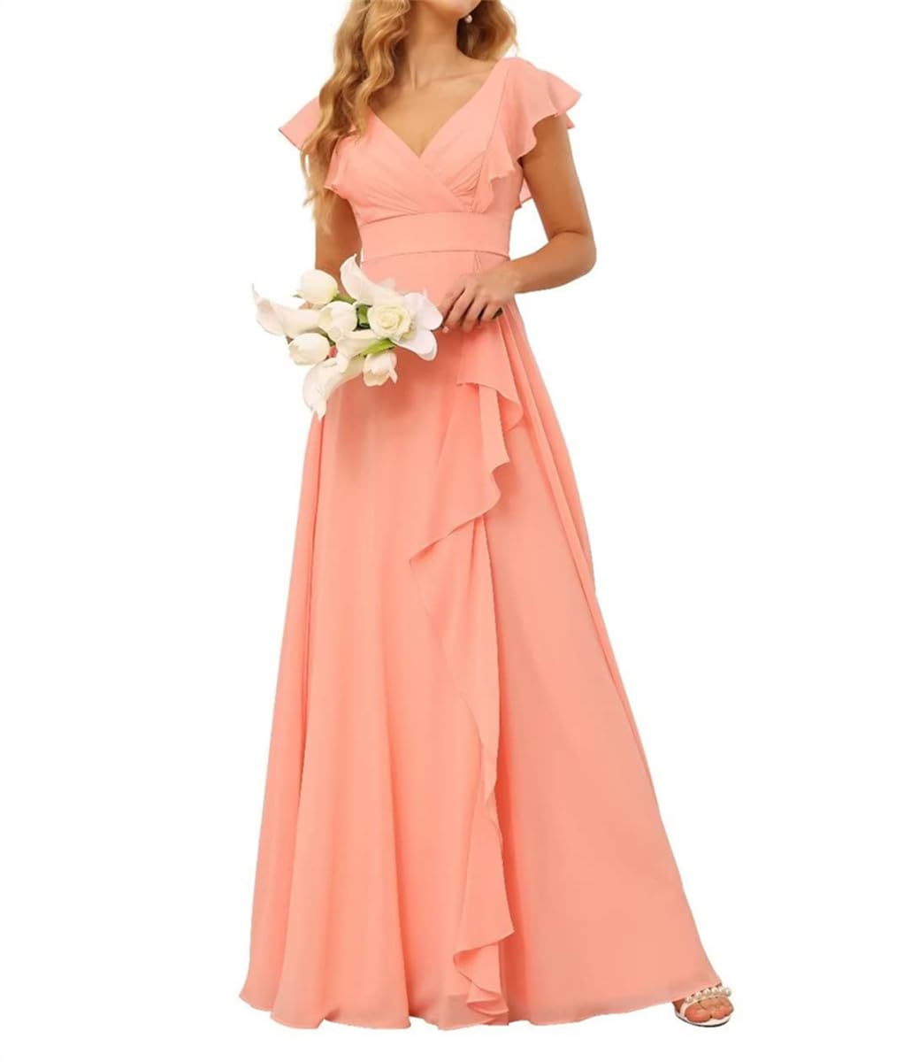 Wseyu Women's Coral Pleats Chiffon Bridesmaid Dresses V Neck Formal Evening Party Gowns Ceremony Dresses Backless Uk8