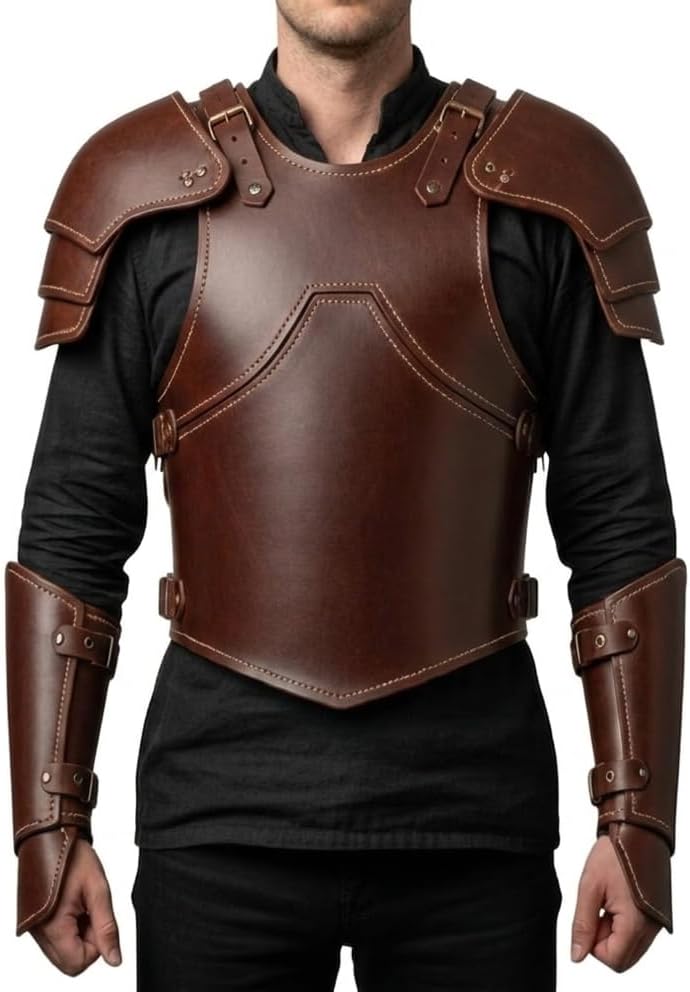 Medieval Cuirass Armor Set- Breastplate & Backplate, Shoulder Guards, Arm Bracers Brown Leather for Halloween, Renaissance Fair Events