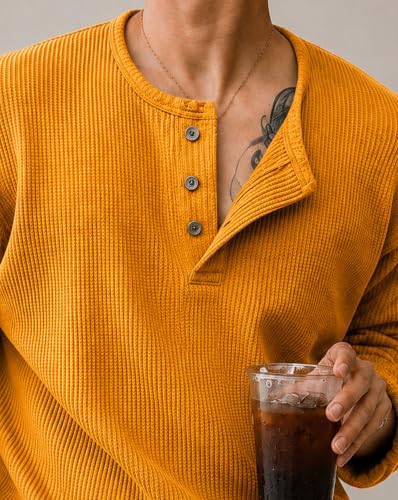 Image of AUSK Men's Textured Henley T-Shirt || Full Sleeve Ribbed Knit Button Neck T Shirt for Men || Regular Fit Casual Wear Tee || Smart Casual Tshirt for Mens