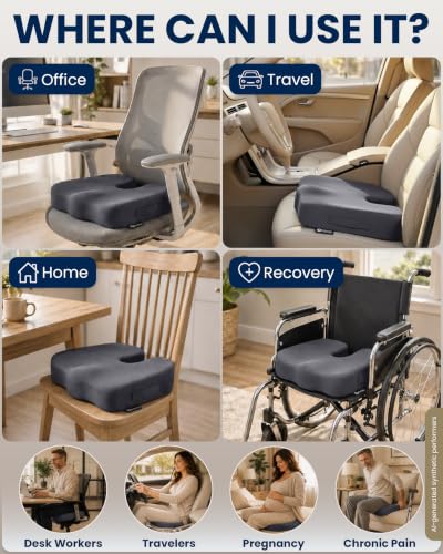 Image of 5 STARS UNITED Seat Cushion - Memory Foam Chair Cushion for Tailbone Pain Relief - Ergonomic Support for Coccyx, Sciatica & Butt - Office, Desk & Gaming Chair, Car Seat, Wheelchair, Airplane, D Gray