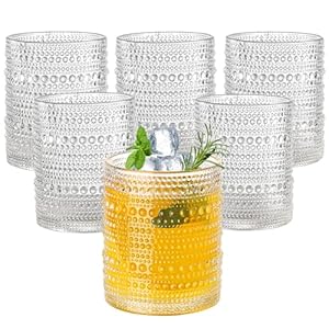 12oz Hobnail Drinking Glasses Set of 6,Clear Vintage Glassware Embossed Water Tumbler,Cocktail Glass Cups for Beer,Whiskey,Juice and Various Mixed Drinks