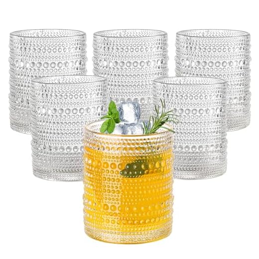 Amyoole Hobnail Drinking Glasses Set of 6,12oz Bar Tumbler Glassware | Clear, Vintage Glassware Embossed Water Tumbler, Cocktail Glass and Kitchen Glass Cups, For Beer, Whiskey, Juice, Milk