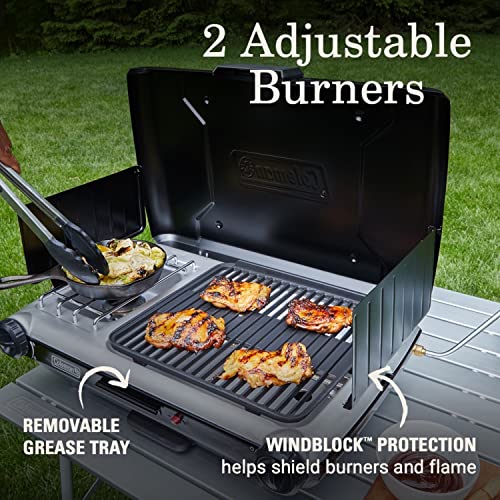 Image of Coleman Tabletop 2-in-1 Grill & Stove with 2 Adjustable Burners, Propane Grill /Stove with Push-Button Starter, Wind Guards, Grease Tray, & 20,000 BTUs of Power for Camping, Tailgating, & More