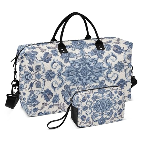 Kigai Bohemian Floral Blue Duffle Bag Versatile Travel Duffel for Men and Women, Carry On for Weekend or Overnight Stay