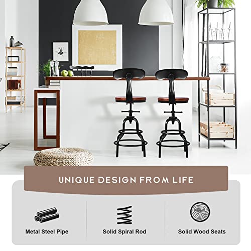 Lokkhan Adjustable Swivel Kitchen Counter Stool With Backs-20.47"-25.59" Tall Rustic Farmhouse Industrial Bar Stools Set Of 2 Breakfast Dining Cafe Stool,Welded Legs Black Metal Wooden Seat #TOP6