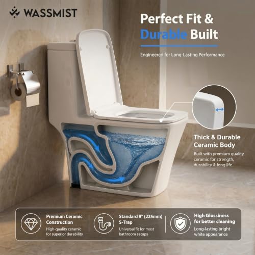 Image of WASSMIST Commode Toilet | Floor Mount One Piece Western Toilet for Bathroom with 10 Year Glaze Warranty | Rimless Tornado Washdown Flush | PP Soft Close Seat Cover | 225 mm S Trap