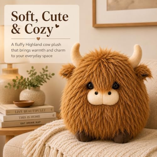Fluffy Highland Cow Plush, Soft Round Stuffed Animal Decor,Large-Pink - 1