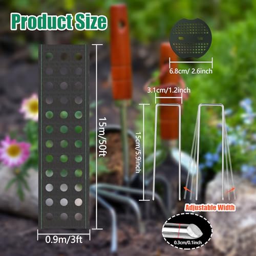 3FTx50FT Weed Barrier Landscape Fabric Heavy Duty with Planting Holes, Weed Block Gardening Ground Cover Mat, Weed Control Garden Barrier Weed Block Mat with 15 U-Shaped Securing Pegs+15 Gasket