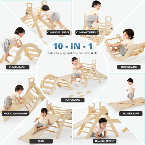 Image of BlueWood 10-in-1 Pikler Triangle Set, Toddler Climbing Toys Indoor, Montessori Climber, Baby Jungle Gyms with Arch, Extra Rope Ladder & Footprint Balance Beam - Natural Rustic
