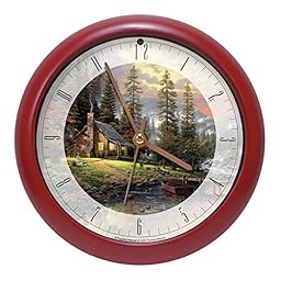 Mark Feldstein & Associates Thomas Kinkade Peaceful Retreat Meditative Nature Sound Clock, 8 Inch, Red, for Wall or Desk
