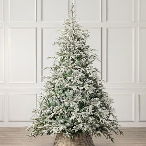 Image of Christow 7ft Snow Flocked Christmas Tree, Realistic Verbier Fir Artificial Christmas Tree with PE & PVC Tips, Hinged Branches, Easy to Assemble, Full Shape, Green Metal Stand, 210cm x 140cm