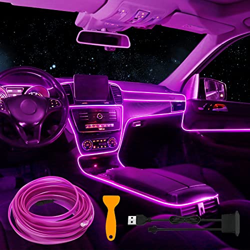 EL Wire Car LED Interior Strip Light, USB Neon Wire Lights with 6mm Sewing Edge - 197 inches Glowing Electroluminescent (EL) Wire, Ambient Lighting Kit Car Decorations Interior (5M/16.5FT, Purple)