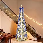 Bonnlo 6 Ft Pop Up Christmas Tree with Lights, 180cm Pre Lit Collapsible Christmas Tree with Sturdy Stand, Silver&Blue