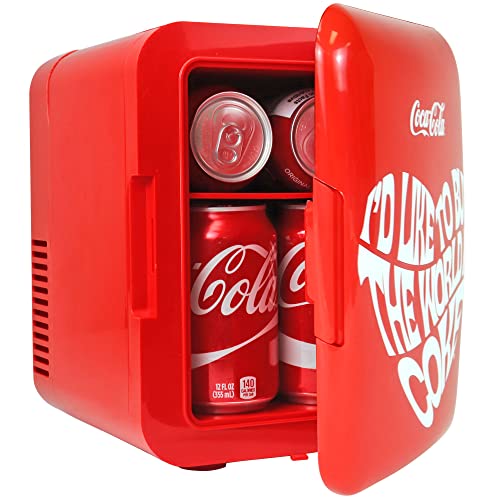 Image of Coca-Cola World 1971 Series Mini Fridge, 6-Can Portable AC /DC Thermoelectric Cooler & Warmer, 4L Compact Dorm Fridge for Skincare, Cosmetics, Snacks, Beverages, Car, Boat, RV, Office Desk