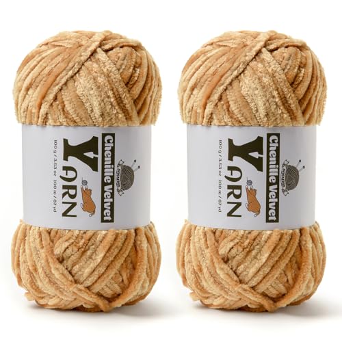 Image of 2 Pack Plush Chenille Chunky Yarn - Fluffy Velvet Yarns Crochet for Blanket Knitting and Crocheting - Soft Baby Yarn for Crocheting - Amigurumi Crochet Yarns 100g (87yds) (2 Khaki)