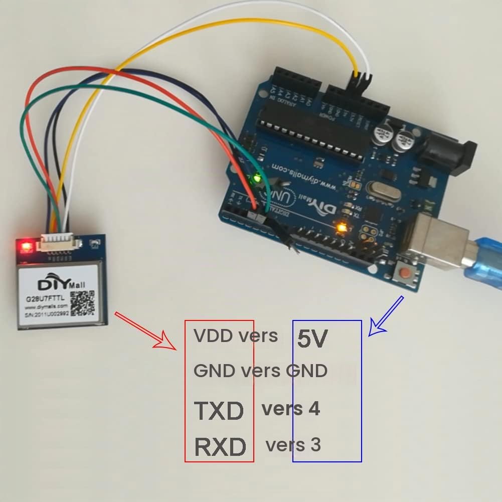 DIYmalls G28U7FTTL GPS récepteur Module 3.3V-5V avec antenne céramique Flash 9600bps 1Hz NMEA-0183 pour contrôle de vol Arduino Flight Control