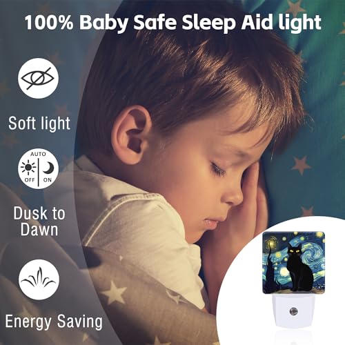 Image of Starry Night Black Cat Night Light Plug into Wall, Abstract Oil Painting Dusk to Dawn Night Light Plug in,0.5w Energy Saving Sleep Friendly NightLight for Kids Boys Girls Home Decor