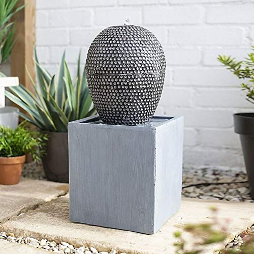 Dapple Cascade Water Feature, LED Light - Grey Concrete, Garden Fountain Indoor Outdoor Tall Large Ball