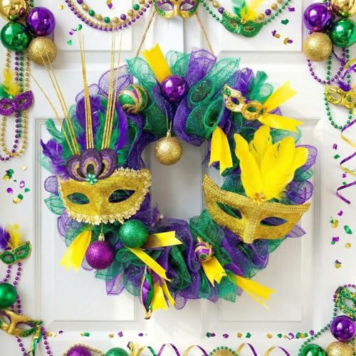 Hoteam Mardi Gras Wreath for Front Door Green Purple Gold Door Wreath with Venetian Mask Mardi Gras Decoration for Indoor Outdoor Front Porch Carnival Party Decoration