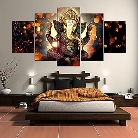 Canvas Painting Wall Art Home Decor Frame 5 Pieces Ganesh Elephant Trunk God For Living Room Modern HD Printed Landscape Picture-Frame_200*100cm Cover
