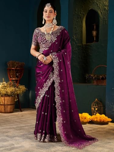 Image of SIRIL Women's Tissue Silk Sequence Embroidery Saree with Unstitched Blouse Piece
