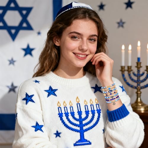 NVENF Hanukkah Bracelets for Women Jewish Bracelet Stack Star of David Menorah Dreidel Charm Bracelets Blue Heishi Beaded Stretch Bracelet Hanukkah Outfit Jewish Jewelry Gifts2