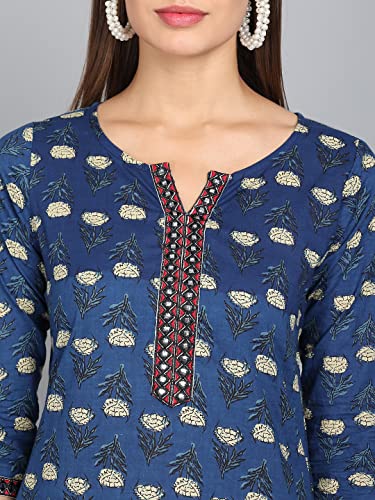 Image of Rapsodia Womens Cotton Navy Blue Floral Printed Short Kurti with Embroiderey