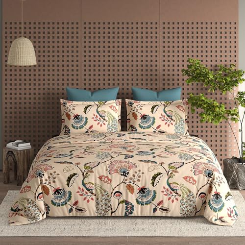 Image of LOOMLYFE Glace Cotton Floral 300 TC All Season King Size AC Comforter || Blanket || Duvet for Double Bed with 1 Flat Bedsheet and 2 Large Pillow Covers - 4 Piece Comforter Set - BeigeAnokhi