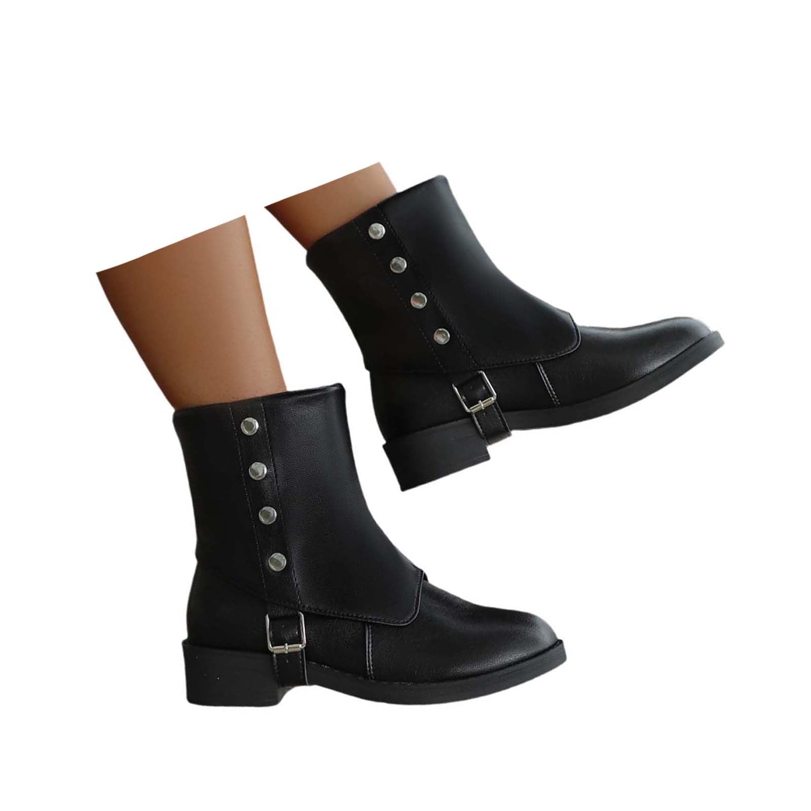Ankle Boots for Women Metal - Rivet Booties With Buckle Stylish Low - Chunky Heel Slip-On Booties for