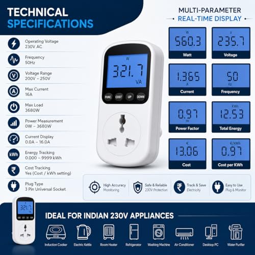 Image of Blackt Electrotech BT72PM3 Digital Energy Meter Plug - (3-Pin) 230V Electricity Usage Monitor with LCD Display - Real-Time Watts, Volts, Amps, kWh & Cost Tracking - Home & Office Power Analyzer