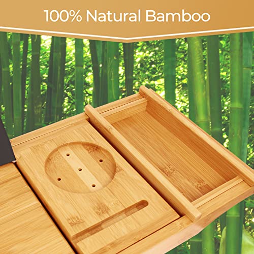 Pont de baignoire extensible bambou noir Todeco plateau de bain luxe avec supports pour livre et verre