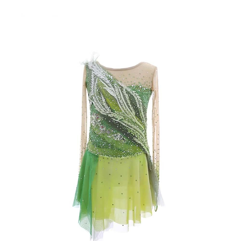 Vestido de Patinaje artístico, Gancho de Mezcla de Gasa de Cuello de Diamante de Diamante Degradado Traje de competición