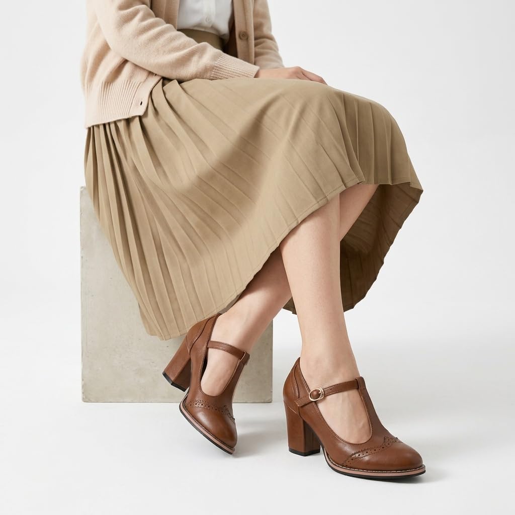 Women Black Brown Oxford Shoes Mary Jane Heels Vintage 1950s Pumps | Retro 50s T-Strap Saddle Dress Shoes, Wingtip High Heel Oxfords