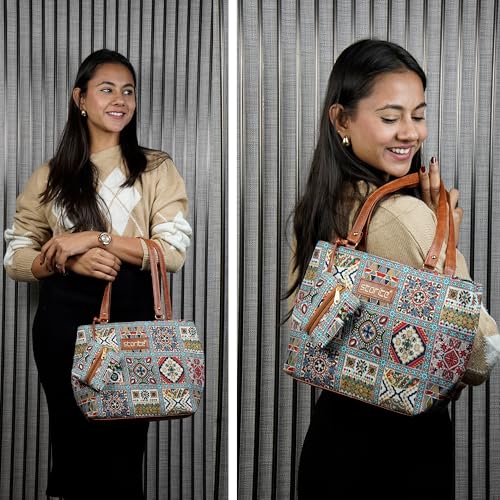 Image of Storite Women's Tote Bag with Leather Handles & Embroidery Printed Handbag with Zip Pockets, Shoulder Tote Bag and Handbag for Office and College