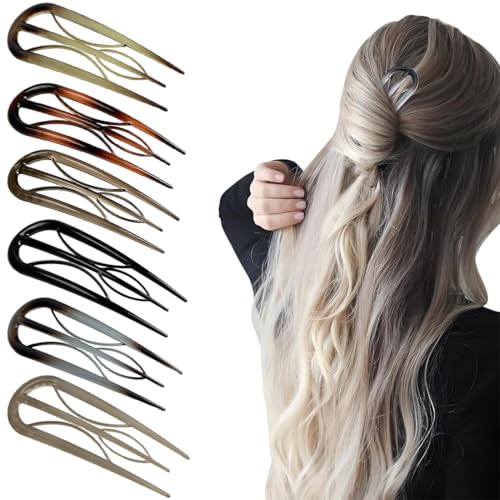 6 pezzi Forcina per capelli francese da donna, Grandi Elegante Accessorio per chignon per Capelli Fini e Spessi, Uniche con 3 Denti Interni, French Twist Fermacapelli di U Ondulata