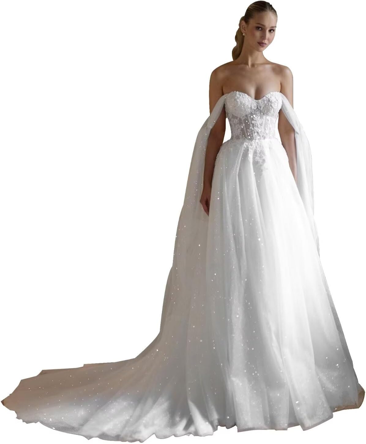 Sparkle Tulle Wedding Dresses for Bride Long Lace Applique Off Shoulder Outdoor Beach Princess Wedding Gowns Dress