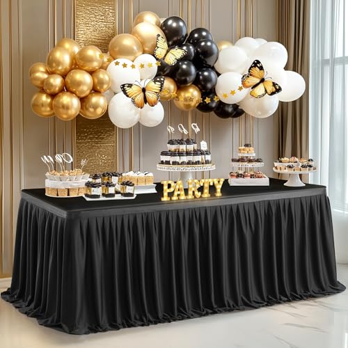 Wish Care 6ft Long Black Table Skirt for Rectangle Tables Decorations - Wrinkle Resistant Polyester Pleated Table Skirting Desk Skirts for Office Baby Shower Birthday Party Wedding Banquet