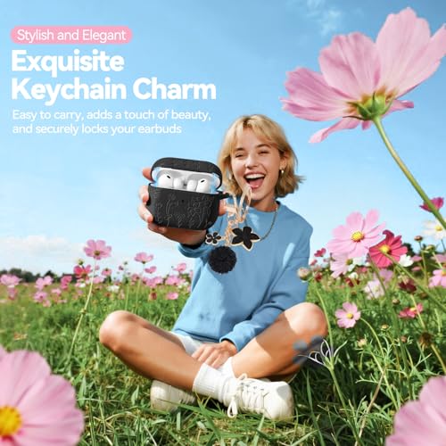 Image of for Airpods Pro 3 Case with Magnetic Lid, Flower Engraved Case Cover Compatible with AirPods Pro 3rd Generation 2025, Soft Silicone Cases with Keychain & Cleaner for Women Girly, Shockproof