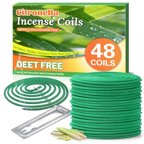DERDUFT Citronella Incense Coils 48 Spirals with 2 Holders - Long Lasting Outdoor Spiral Coils Fresh Citronella Lemongrass Scent for Garden Patio Backyard Camping Picnic Up to 4-5 Hours