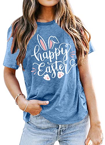 Image of Women Happy Easter T Shirt Bunny Rabbit Graphic T-Shirt Funny Letter Printed Shirts Short Sleeve Tops