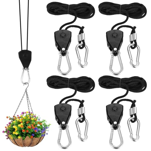 4 Sets Sangle à Cliquet avec Crochets, 2m Corde en Nylon Réglable 1/8 Pouces pour Lampe à Suspension et Plantes Growth Light