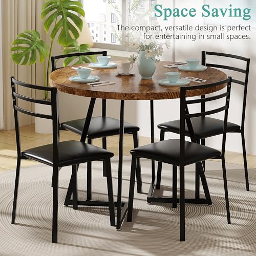 Image of VECELO 35 inch Round Dining Table for 4, Wood-Grain Tabletop & Heavy-Duty Steel Frame, for Kitchen, Living Room, Easy Assembly, Antique Brown